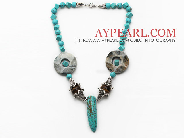 Assorted Turquoise and Tiger Eye Necklace with Long Teeth Shape Turquoise Pendant