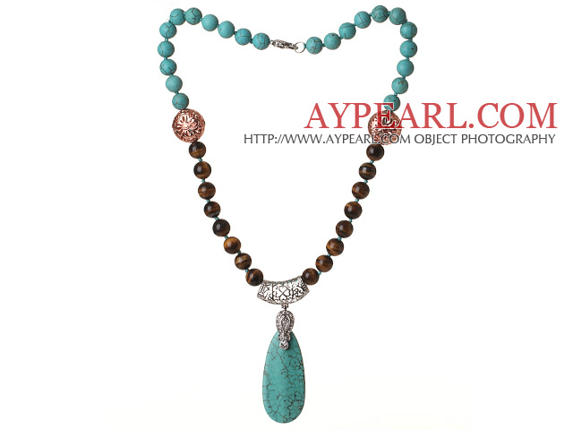 Assorted Turquoise and Tiger Eye Necklace with Teardrop Turquoise Pendant
