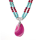 Double Strands Turquoise and Hot Pink Agate Necklace with Teardrop Hot Pink Agate Pendant