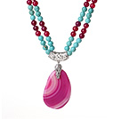 Wholesale Double Strands Turquoise and Hot Pink Agate Necklace with Teardrop Hot Pink Agate Pendant