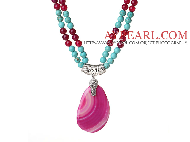 Double Strands Turquoise and Hot Pink Agate Necklace with Teardrop Hot Pink Agate Pendant