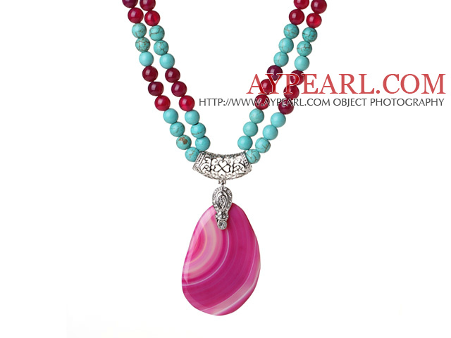 Collier Agate Rose Double Strands Turquoise et chaud avec pendentif en agate rose chaud Teardrop