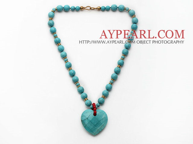 Turquoise Necklace with Heart Shape Turquoise Pendant and Yellow Color Metal Beads