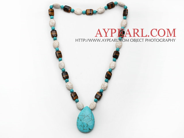 Assorted Howlite and Blue Turquoise and Tiger Eye Necklace with Teardrop Shape Turquoise Pendant