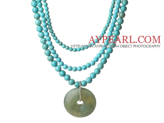 Multi Strands Turquoise Necklace with Serpentine Jade Rose Flower Pendant and Extendable Chain