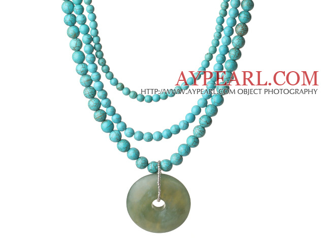 Multi Strands Turkis halskjede med Serpentine Jade Rose Flower anheng og Uttrekkbar Chain