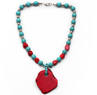 Wholesale Turquoise and Red Coral and Metal Spacer Beads Necklace with Irregular Shape Dyed Red Turquoise Pendant