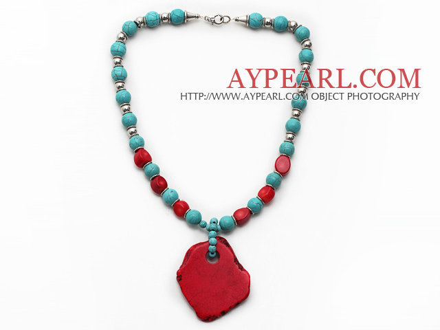 Turquoise and Red Coral and Metal Spacer Beads Necklace with Irregular Shape Dyed Red Turquoise Pendant