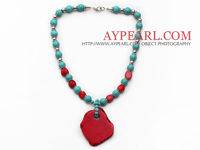 Turquoise και Red Coral και μέταλλο Spacer χάντρες κολιέ με ακανόνιστο σχήμα Βαμμένα Κόκκινα Turquoise Σκουλαρίκια