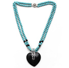 Double Strands Round Turquoise Necklace with Heart Shape Black Agate Pendant