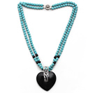 Double Strands Ronde Collier Turquoise avec Shape Pendentif Agate noir de coeur