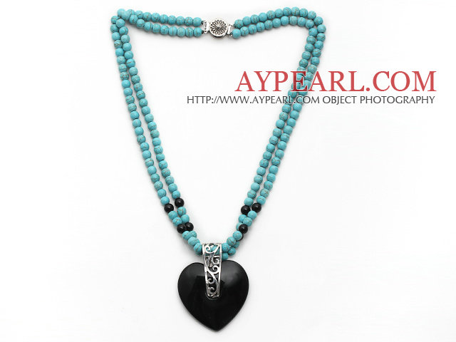 Double Strands Round Turquoise Necklace with Heart Shape Black Agate Pendant