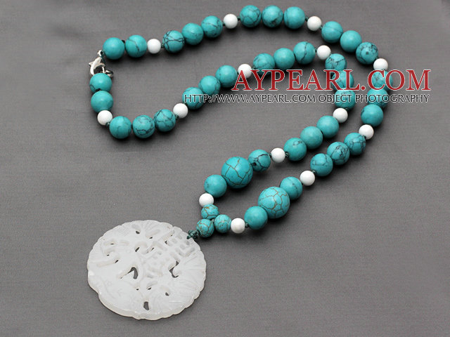 White Porcelain Stone and Turquoise Knotted Necklace with China Style White Jade Pendant