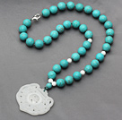 Wholesale Turquoise and White Porcelain Stone Knotted Necklace with China Style White Jade Pendant