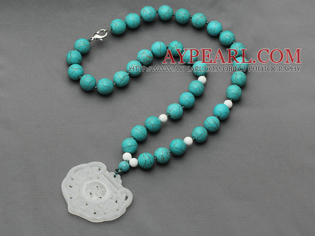 Turquoise and White Porcelain Stone Knotted Necklace with China Style White Jade Pendant