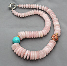 Pink Series skivform Rose Quartz och turkos halsband med Metall Pärlor