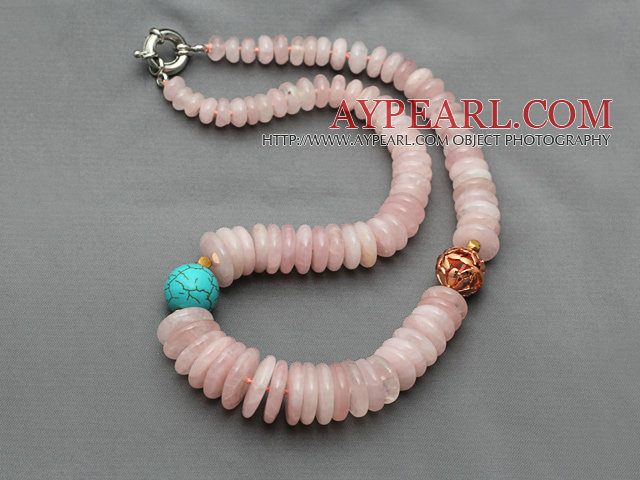 Pink Series Disc Shape Rose Quartz og turkis kjede med metall perler