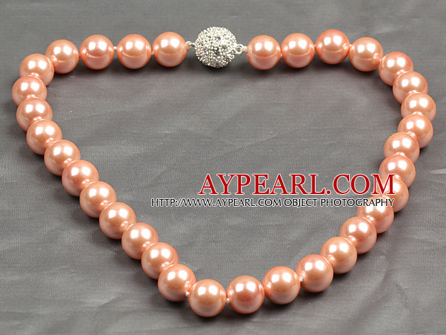 Fashion Single Strand 12Mm Pink Round Seashell Beads Necklace With Rhinestone Magnetic Clasp