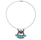 Red Coral and Drop Shape Turquoise Pendant Necklace with Green Wire and Magnetic Clasp