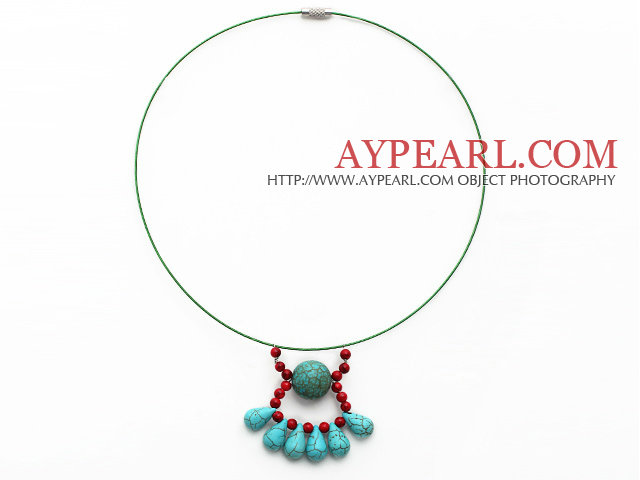 Red Coral and Drop Shape Turquoise Pendant Necklace with Green Wire and Magnetic Clasp