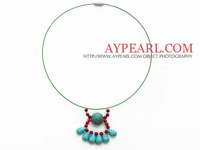 Coral Red and Drop Shape Collier avec pendentif turquoise avec fil vert et fermoir magnétique