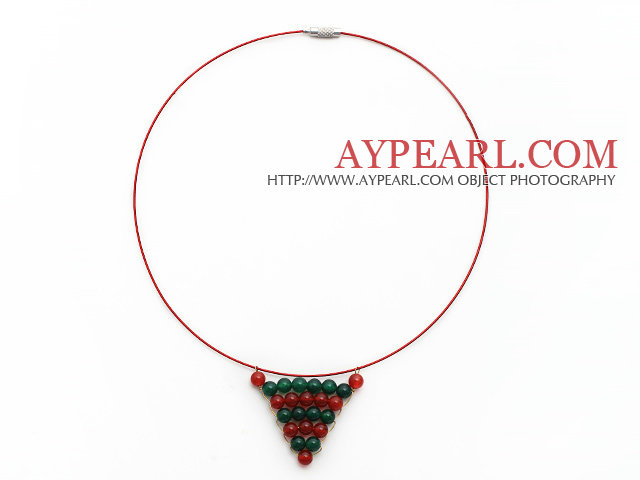 Carnelian and Green Agate Wire Wrapped Triangle Pendant Necklace with Red Wire and Magnetic Clasp