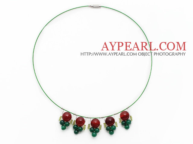 Carnelian and Green Agate Pendant Necklace with Green Wire and Magnetic Clasp