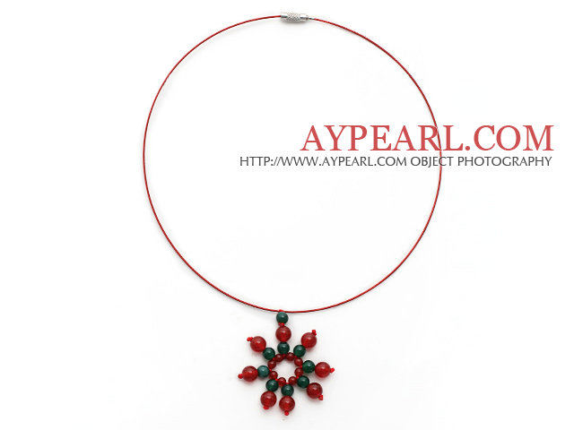 Green Agate and Carnelian Christmas Snowflake Shape Pendant Necklace with Red Wire and Magnetic Clasp