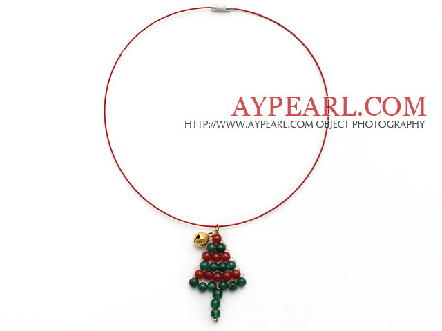 2013 Conception de Noël Agate verte et cornaline Christmas Tree Shape collier pendentif avec fil rouge et fermoir magnétique