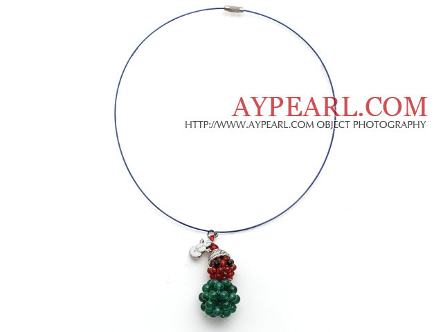 2013 Conception de Noël Agate verte et cornaline bonhomme de neige Forme collier pendentif avec le fil bleu et fermoir magnétique