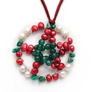 2013 Christmas Design White and Red Pearl and Green Agate and Turquoise Chips Star Shape Pendant Necklace with Reddish Brown Leather