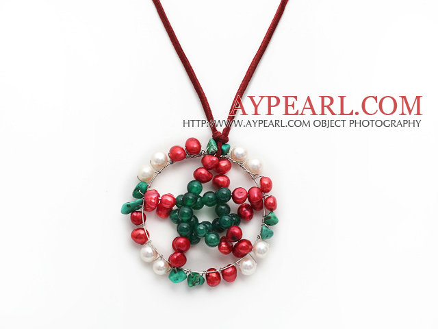 2013 Christmas Design White and Red Pearl and Green Agate and Turquoise Chips Star Shape Pendant Necklace with Reddish Brown Leather
