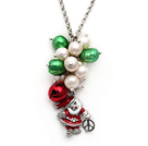 2013 Christmas Design White Freshwater Pearl and Green Pearl and Red Bell and Santa Claus Pendant Necklace with Metal Chain