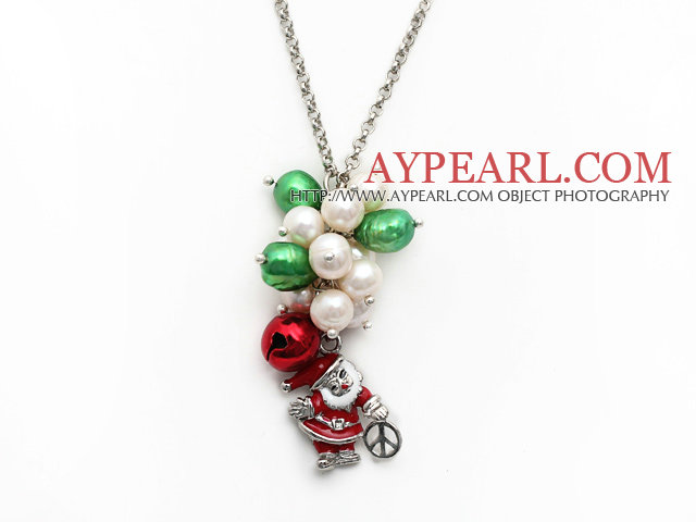 2013 Christmas Design White Freshwater Pearl and Green Pearl and Red Bell and Santa Claus Pendant Necklace with Metal Chain