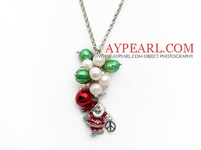 Christmas Design White Freshwater Pearl and Green Pearl and Red Bell and Santa Claus Pendant Necklace with Metal Chain