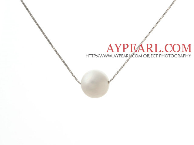 Classic Design Round 11mm Hvit Freshwater Pearl anheng Halskjede med 925 Silver Plated Platinum Chain