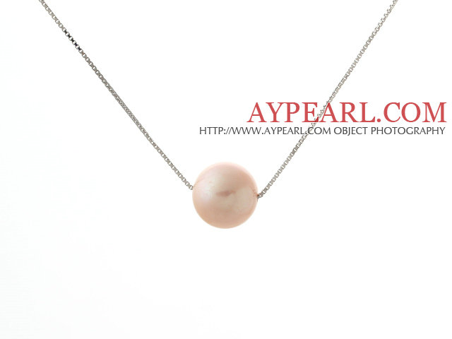 Classic Design Round 11mm Pink Freshwater Pearl Pendant Necklace with 925 Silver Plated Platinum Chain