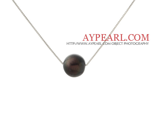 Classic Design Round 11mm Black Freshwater Pearl Pendant Necklace with 925 Silver Plated Platinum Chain