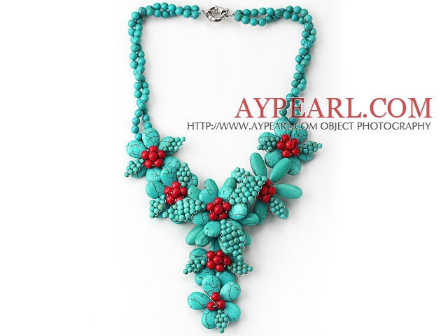 Assorted Green Turquoise and Red Coral Flower Party Necklace