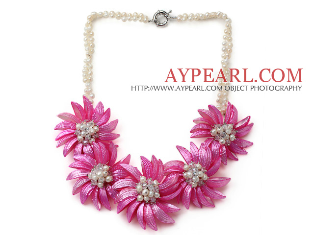 White Freshwater Pearl and Clear Crystal and Hot Pink Shell Flower Necklace