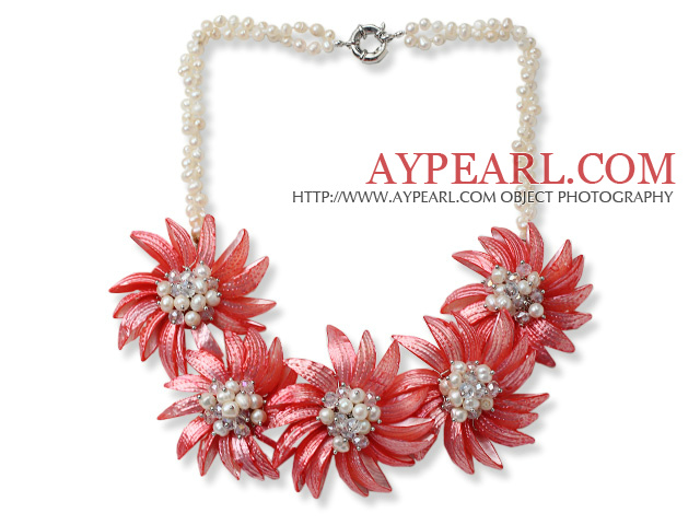 White Freshwater Pearl and Clear Crystal and Red Shell Flower Necklace