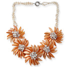 White Freshwater Pearl and Clear Crystal and Orange Yellow Color Shell Flower Necklace