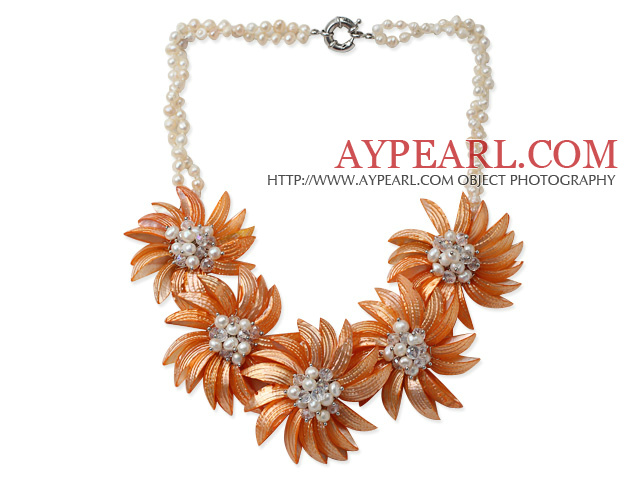 White Freshwater Pearl and Clear Crystal and Orange Yellow Color Shell Flower Necklace