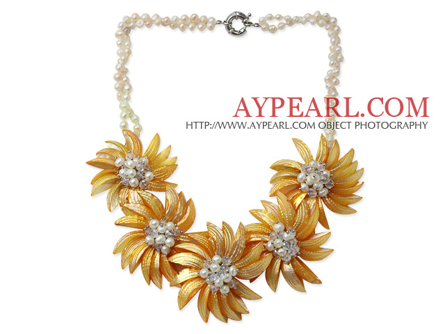 White Freshwater Pearl and Clear Crystal and Yellow Color Shell Flower Necklace