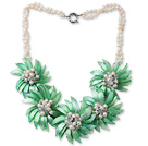 Wholesale White Freshwater Pearl and Clear Crystal and Green Shell Flower Necklace