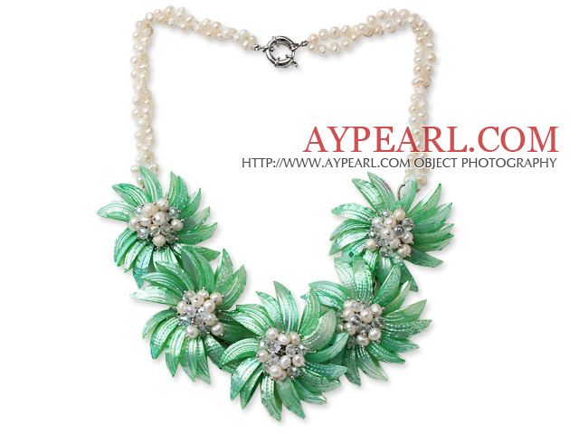 White Freshwater Pearl and Clear Crystal and Green Shell Flower Necklace