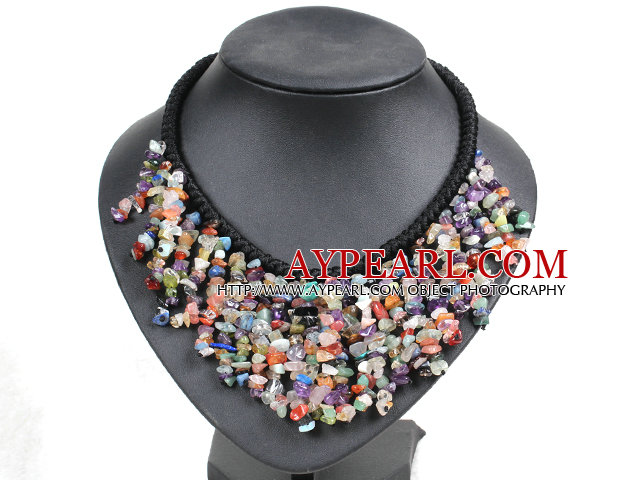 Marvelous Statement Multi Multi Color Gemstone Chips Hånd Strikket Bib Halskjede