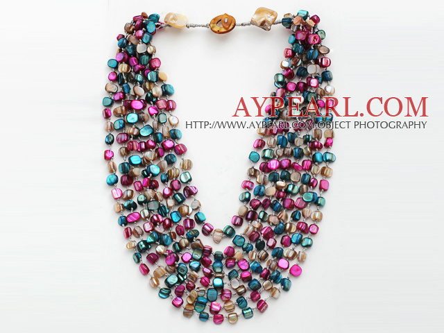 Multi Strands Peacock Green and Gray and Pink Color Shell Knotted Necklace with Shell Clasp
