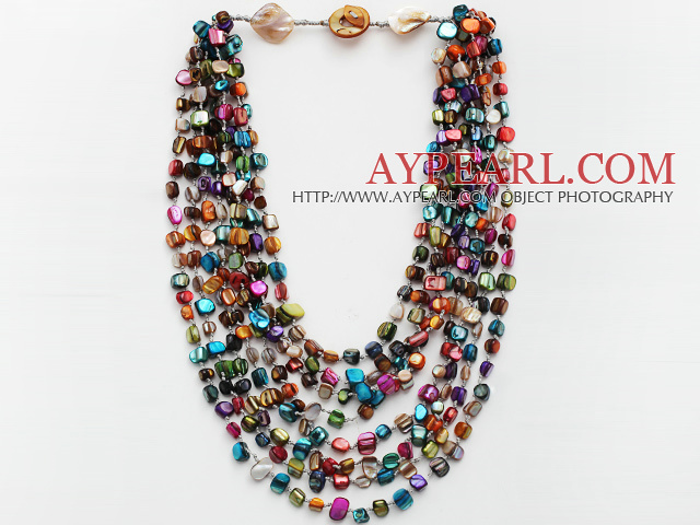 Multi Strands Assorted Multi Color Shell Knotted Necklace with Shell Clasp