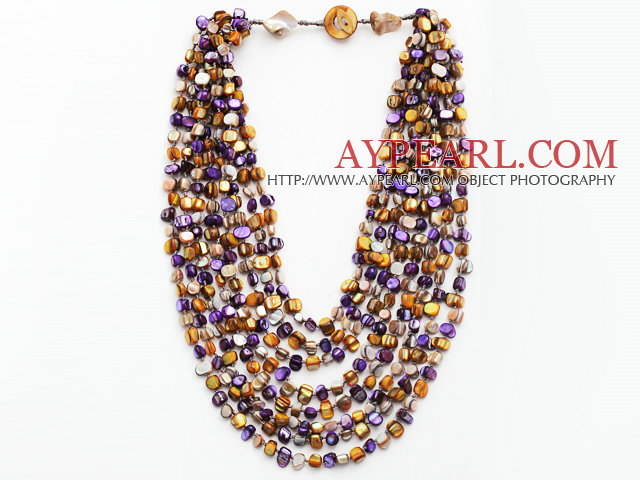 Multi Strands Purple og Brown Color Shell Knyttet halskjede med Shell Clasp